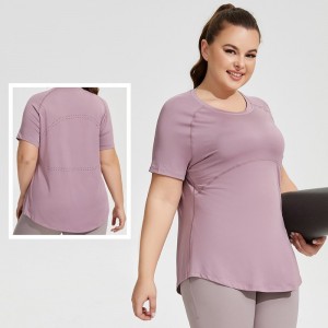 Plus size recycled cover hip yoga top hole back breathable short sleeve running oversize t-shirts