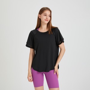 Women loose quick-dry sports top running curved hem tee mesh breathable yoga short sleeve t shirt