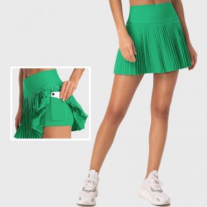 Women cool stretch high rise tummy control fashion pleated skirt 2 in 1 tennis shorts with pocket