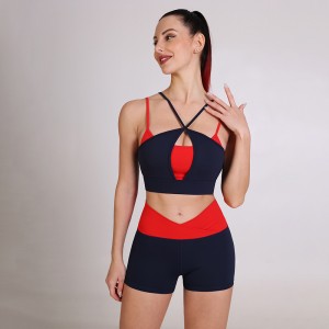 Womens new colorblock sexy strape sports bras fitness high waist shrots yoga wear sets