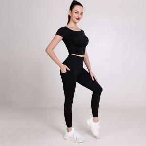 Womens fold padded shorts sleeve yoga T-shirts pockets fitness workout leggings activewear