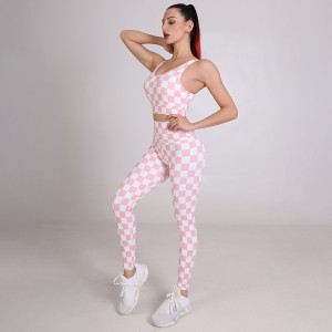 Womens sportswear custom checkerboard printed workout sports bras fitness leggings yoga wear set
