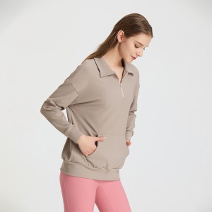Women rib lapel autumn sportswear 1/4 zip yoga long sleeve top running fitness kangaroo sweatshirt