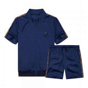 Custom men sports short summer tracksuits stripe solid color zip tshirts shorts set