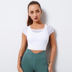 Wholesale short sleeve yoga sports crop top loose gym wear cross strape workout fitness women yoga top