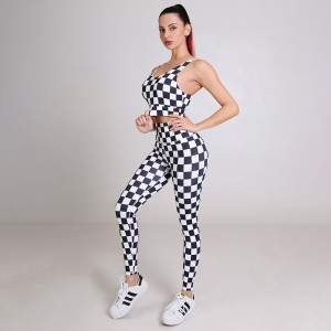 Womens sportswear custom checkerboard printed workout sports bras fitness leggings yoga wear set