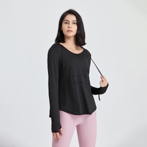 Women v neck loose breathable long sleeve tshirt hooded drawstring running top with finger hole