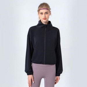 Women full zip jacket stand neck drawstring workout sweatshirts loose running fitness coat