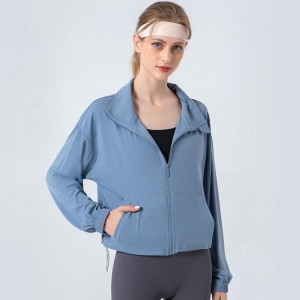 Women full zip jacket stand neck drawstring workout sweatshirts loose running fitness coat