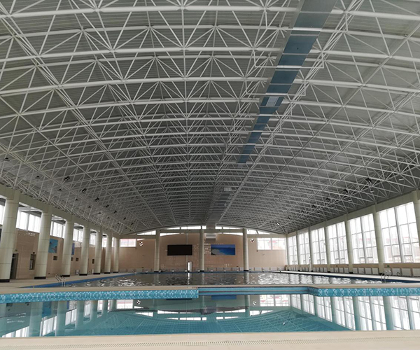 Steel space frame roof structure of indoor swimming pool