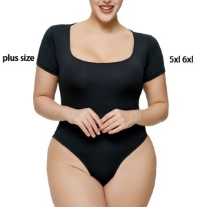 Ladies bodysuit wholesale plus size 5xl 6xl high elasticity basic tee square neck sexy thong short sleeve shapewear for women