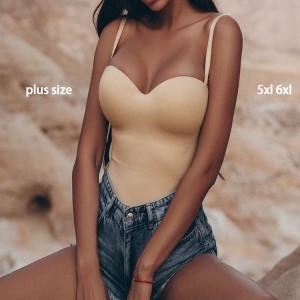 Ladies bodysuit wholesale plus size 5xl 6xl high elasticity basic tee square neck sexy thong double-layer fabric shapewear for women