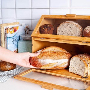 Double Layer Large Bamboo Bread Box for Kitchen Countertop