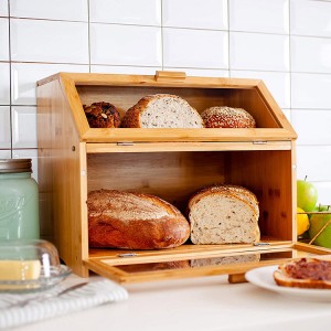 Double Layer Large Bamboo Bread Box for Kitchen Countertop