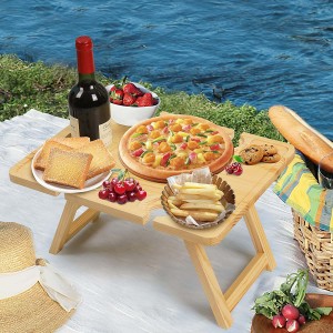 Bamboo Snack Table with Wine Bottle and Glass Holder