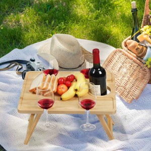 Bamboo Snack Table with Wine Bottle and Glass Holder