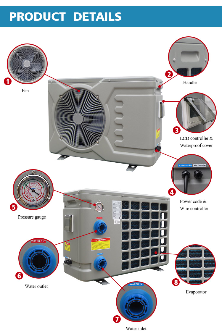 ເຮືອນພັກ R32 R410A ພລາສຕິກ vertical pump heater pool spa heater