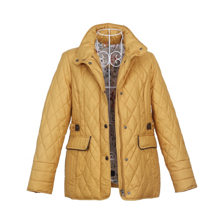 Womens outdoor jacket winter puffer coat quilted padding jacket with waist belt oem fashion urban jacket custom jacket with digital print lining