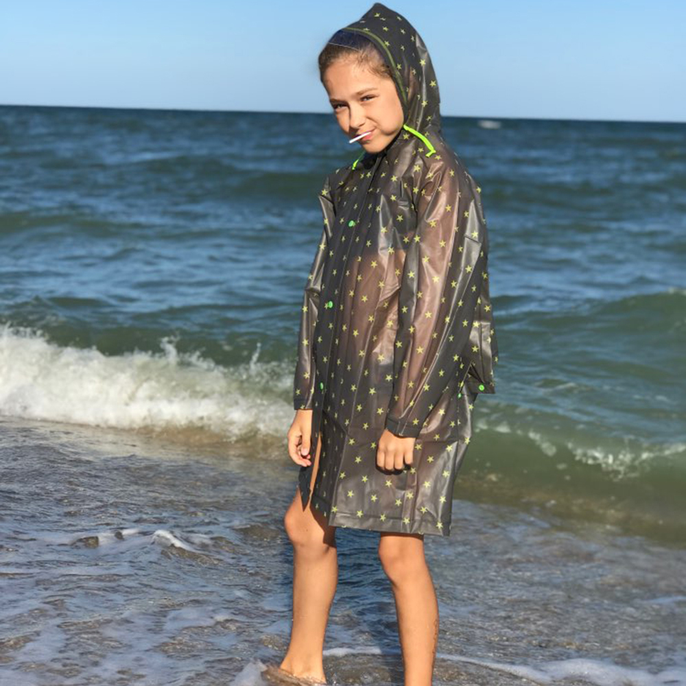 Ovida Thicker Reusable Brown Raincoat Rain Poncho Jacket Slicker star designfor Children Boy Girl Kids