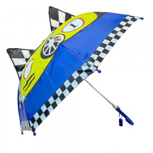 Ovida Hot sell Automatic Open Umbrella Car Pattern Cute Custom Logo Plastic J Shape Blue Kid Umbrella with Ear