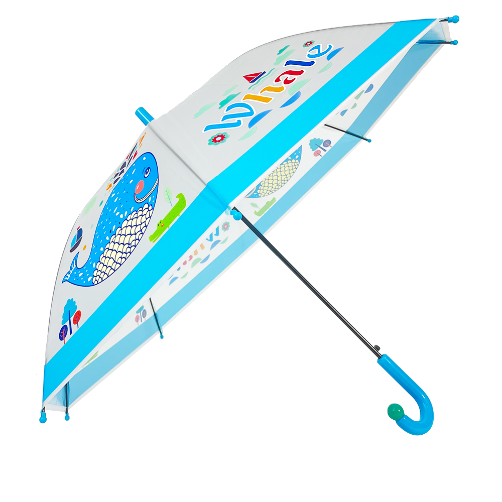 Ovida Auto Open Lovely shark design straight Umbrella With white and blue plastic fabric Curved Handle with little green balls