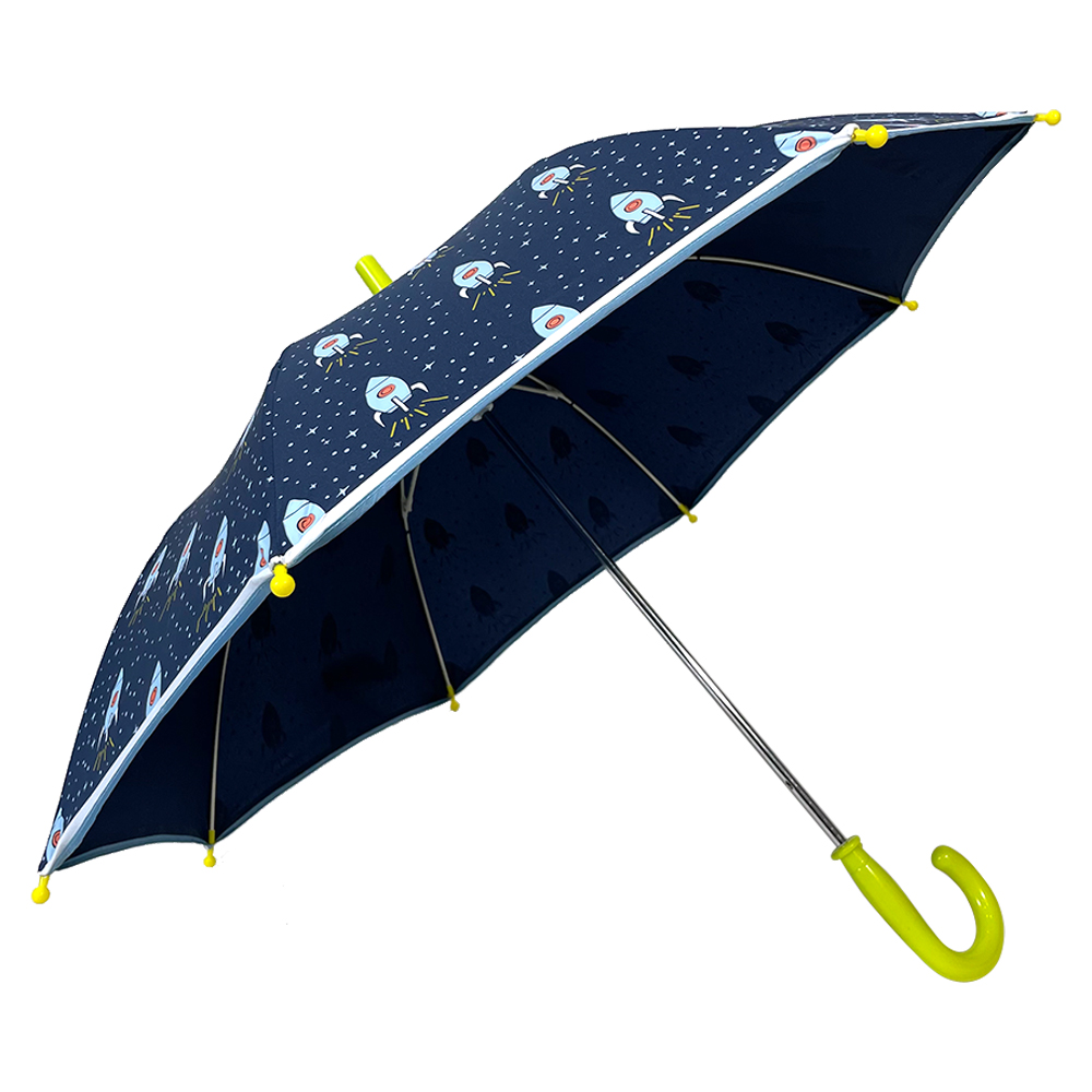 Ovida Kid umbrella with Pongee Fabric blue colors of rocket pattern for soft strap on the edge of panel strong umbrella