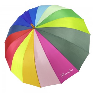 Ovida Cheap promotional Multi Colors 16 Panels Long Wooden Handle Ladies Girl Women Decorative Straight Golf Rainbow Umbrella