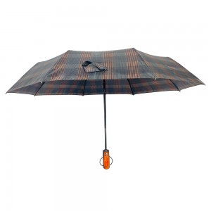 Ovida Three folding Automatic open Windproof Check fabric wooden handle Business Umbrella