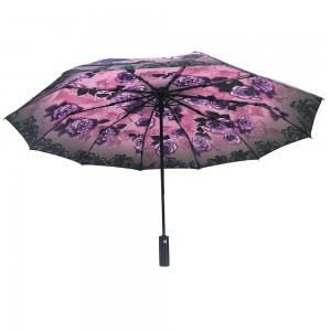 Ovida three-folding umbrella with purple rose logo umbrella with black safe nest for lady auto open Umbrellas For Adults