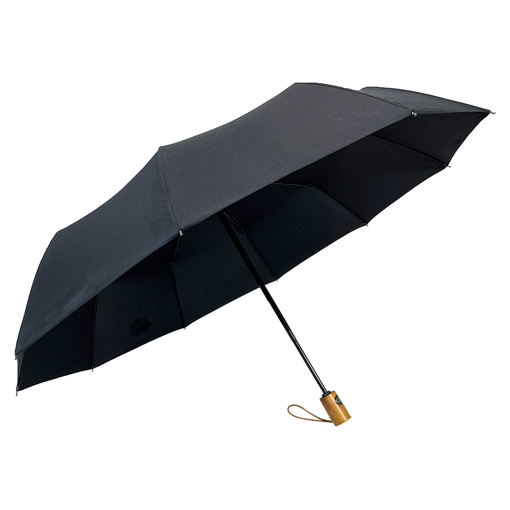 Ovida  automatic 3 fold plain umbrella with wooden handle  8 ribs wind proof pongeed fabric three section umbrellas