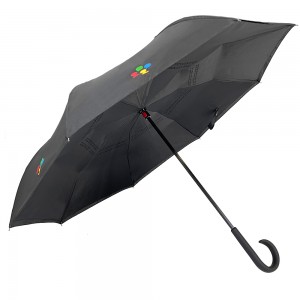 Ovida Wholesale Custom Logo Printed Double Fabric Windproof J shape Handle Upside Down Inverted Reverse Rain Umbrella