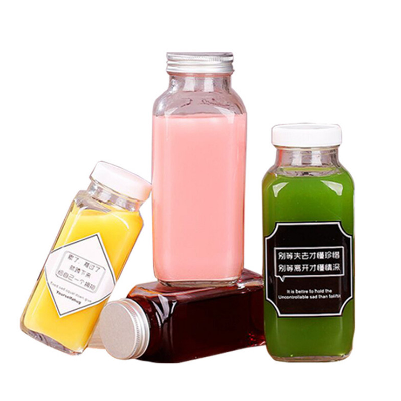 500ml 16oz square juice fruit glass bottle for Kombucha Milk Tea Soft Smoothie beverage with plastic caps screw lids