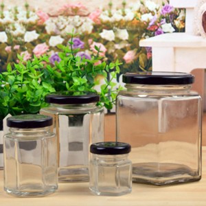 Food grade hexagonal honey glass jar jam  pudding jar with screw metal lid.jpg