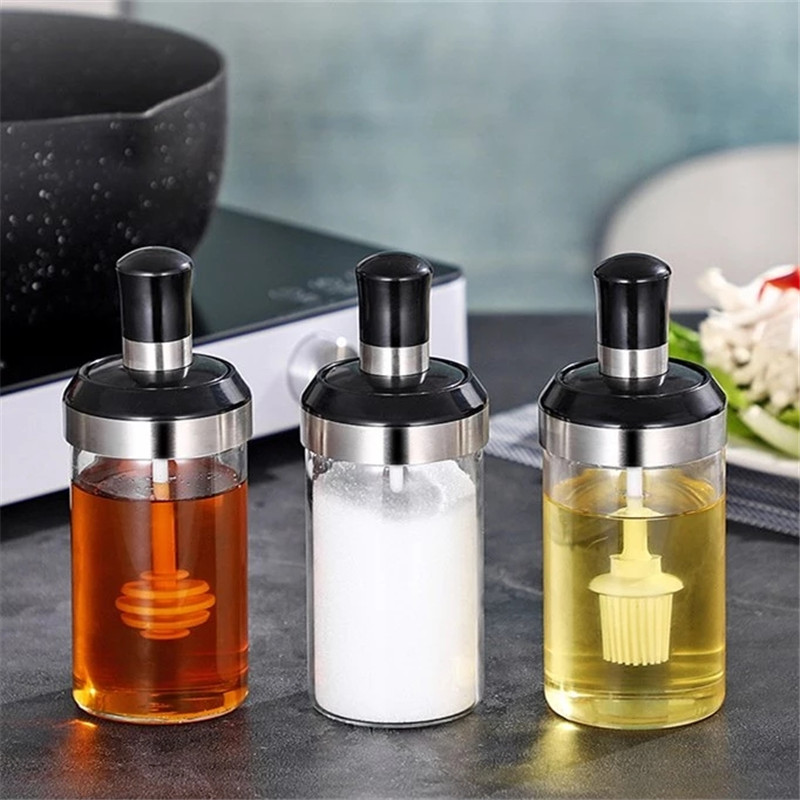 Wholesale 300ml Spice Seasoning Glass Jars Glass Cooking Oil Jar with Oil Brush Thick Glass Ketchup Jar Dispenser with Spoon Featured Image