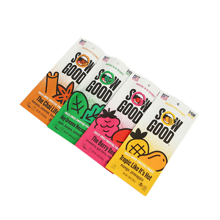 Three side seal bag with hang holes hot seal fruit chips pouch