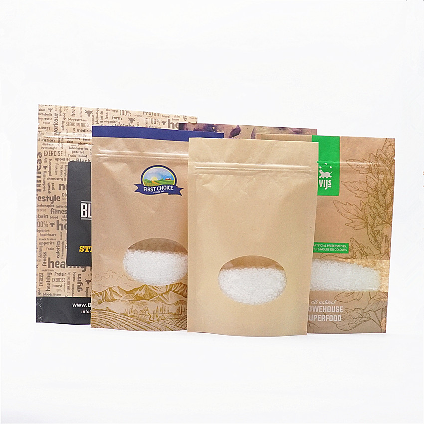 Atsistojęs užtrauktukas rudas kraftpopierius, užsegamas užtrauktukas, termiškai uždaromas maisto saugojimas doypack pakavimo maišeliai Krepšys su skaidriu langu