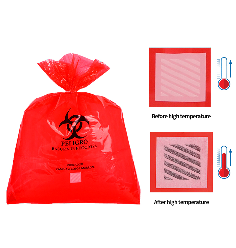 उच्च तापमान मलिनकिरण चिह्न!लाल पीपी फ्लैट कचरा बैग, टिकाऊ, सुरक्षित और विश्वसनीय!