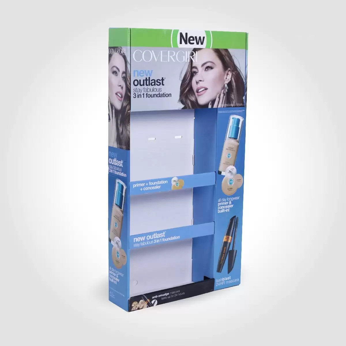 Free sample for Cardboard Marketing Displays - 3 Tier Walmart Sidekick PDQ Dipslay for Covergirl Outlast All-Day Stay Fabulous 3 in 1 Foundation Retail Products – Raymin