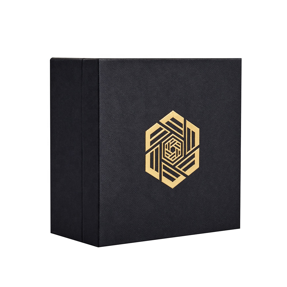 Factory best selling Perfume Gift Box - Embossed Coated Black Paper Gift Box with Book Style Shape and Gold Hotstamping Logo – Raymin