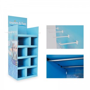 Strong Durable Swimsuit Products Cardboard Creative Point of Purchase Display with Metal Tubes, Dividers and Plastic Hangers on two Sides