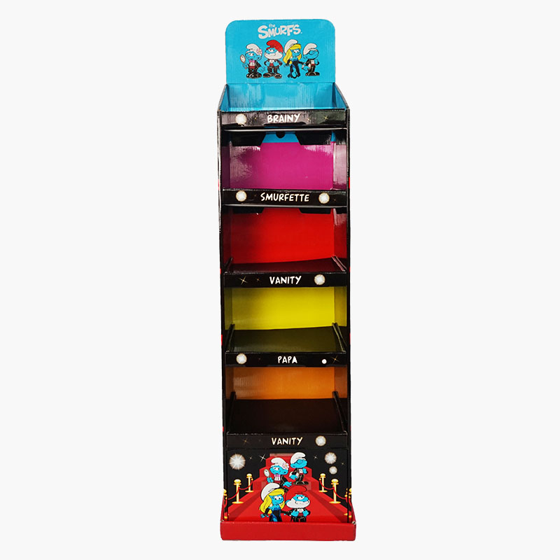 High definition Cardboard Display Rack - Supermarket Retail 5 Tier Freestanding Cardboard Display Shelf for Smurfs Cute Toys – Raymin