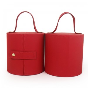 Luxury Special Leather Paper made Cosmetic Box at Round Shape with Snap-Fastener and Handle