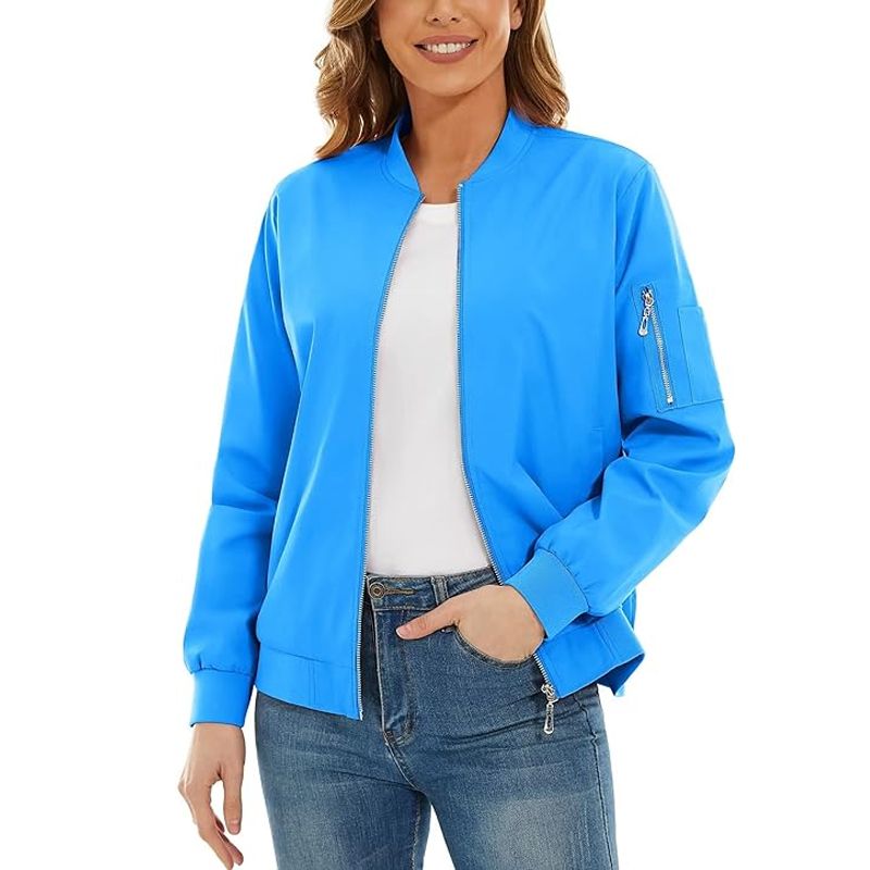 Women’s Bomber Jackets Zip-up Casual Jacket with 3 Pockets Spring Windbreaker Coat Fashion Outwear