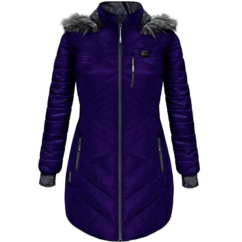 Wholesale 5V Battery Heated Long Puffer Jacket for Women with Faux-Fur Hood