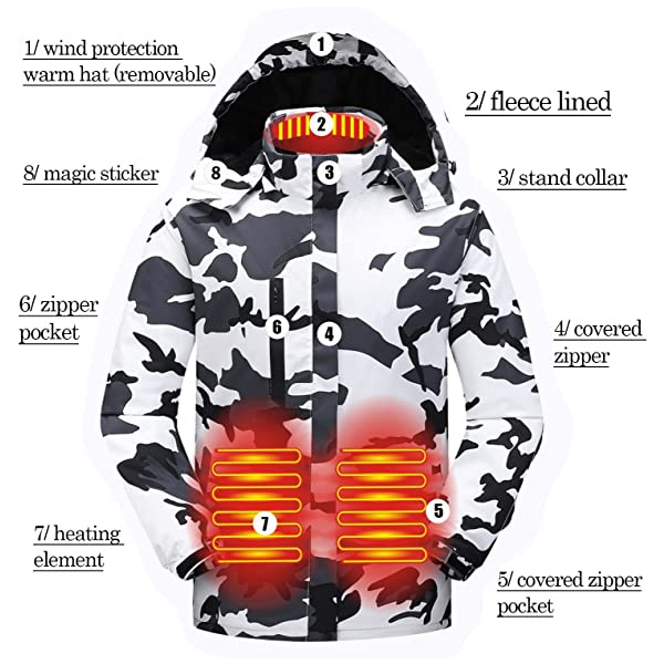 Mens Detachable Hood Heated Jackets, Washable Zip Winter Jackets Coat with 3 Heating Levels