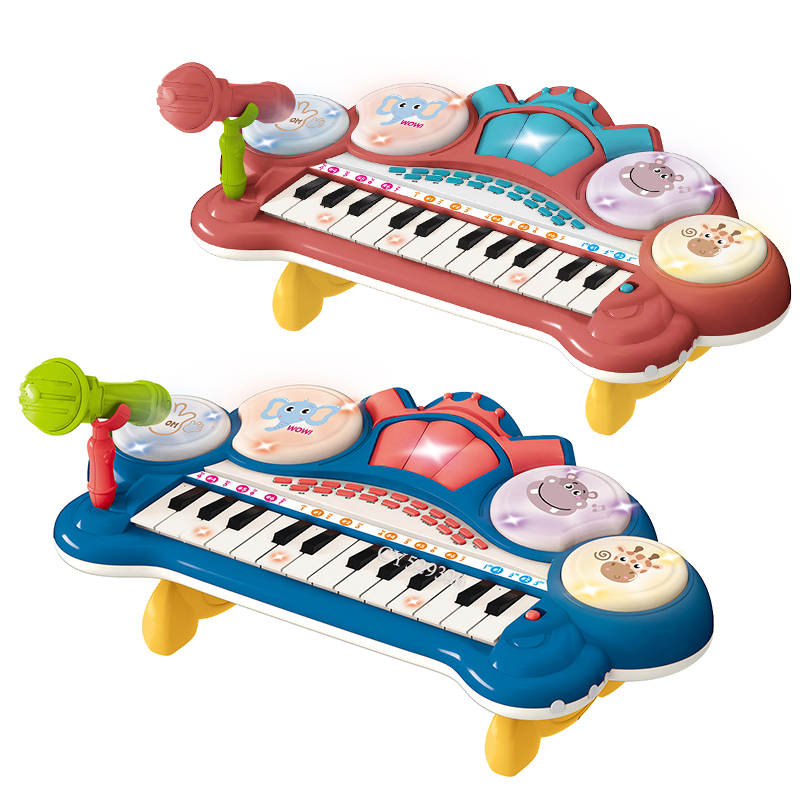 Music Instrument Toys Light Up Baby Electric Piano Keyboard Toys Drum Set With Microphone