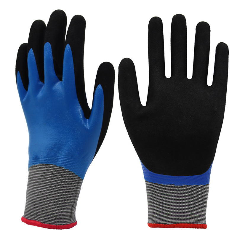 13g polyester liner, fully coated smooth nitrile first, palm coated sandy nitrile finished (2)