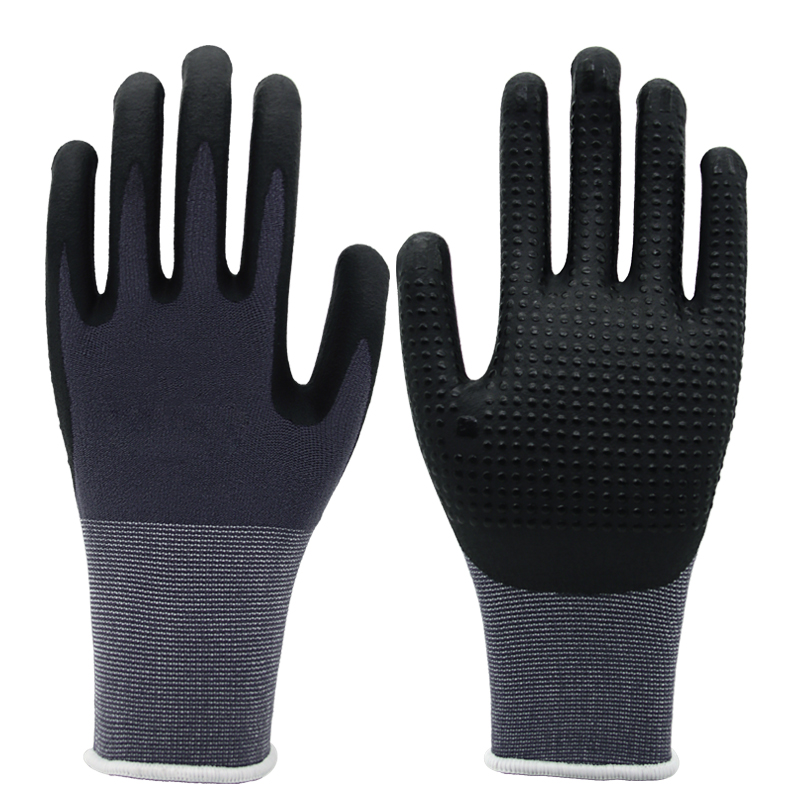 15g Nylon & Spandex Liner, Palm Coated Black Foam Nitrile, Dots On Palm