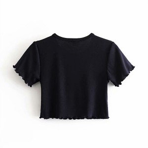 Ruffled short-sleeved retro-printed slim slim round neck short waist t-shirt PY-DT010