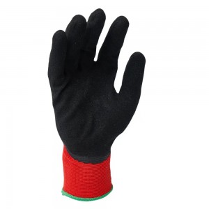 13-Gauge red seamless polyester shell coated black sandy nitrile on palm.
